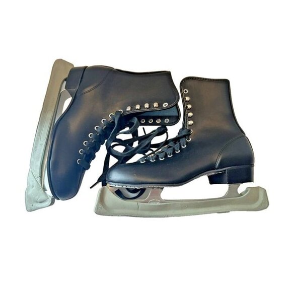 Scabbard Size 7 Black Leather Lace Up Figure Ice Skates Sheffield Steel w Guards - Picture 1 of 9